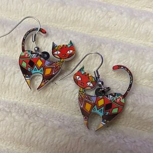 NEW- Colorful Geometric Cat Drop Earrings - Orange Multi
